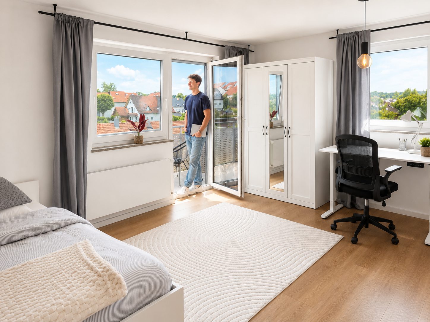 Junger Azubi mit Blick vom Balkon seines möblierten Zimmers im A23 Großbettlingen
